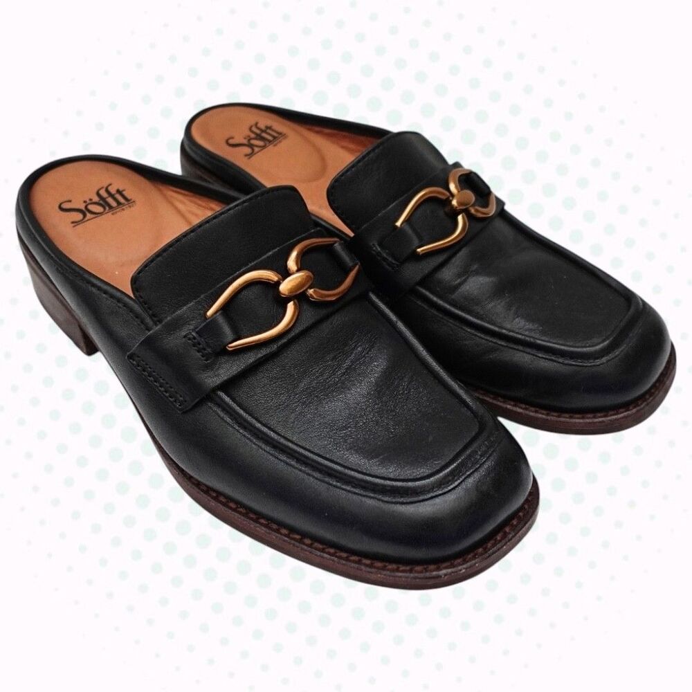 Sofft Black Leather Slide-On Bronze Metal Horsebit Accent Loafer Mules US 8